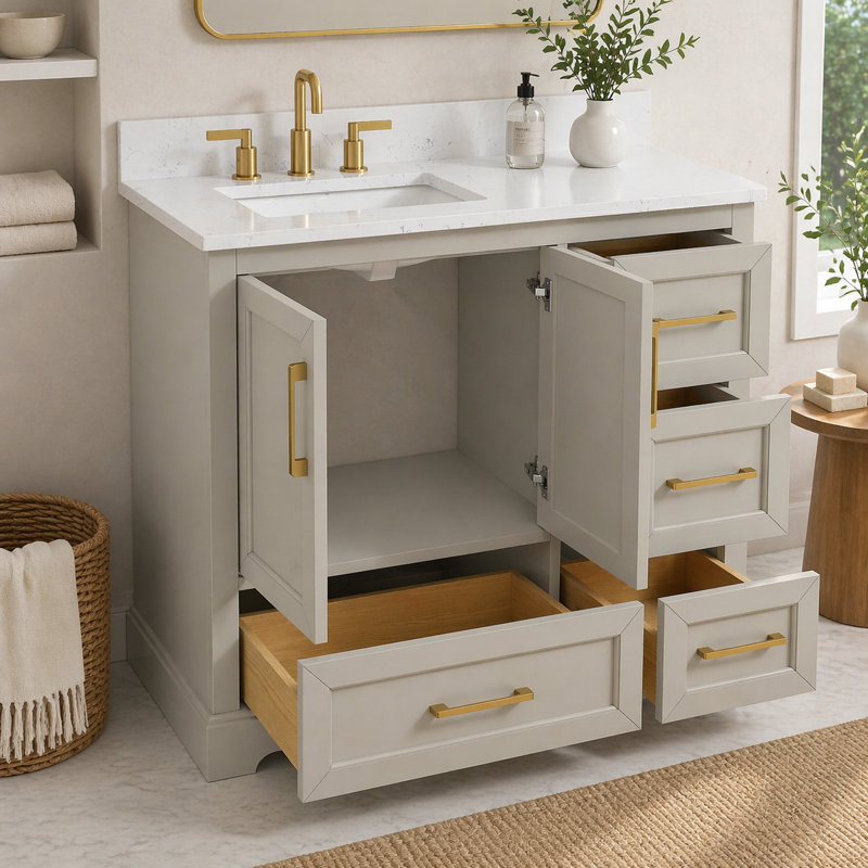Calonia Snowline Freestanding Double Sink Bathroom Vanity With Engineered Stone Top, 36"