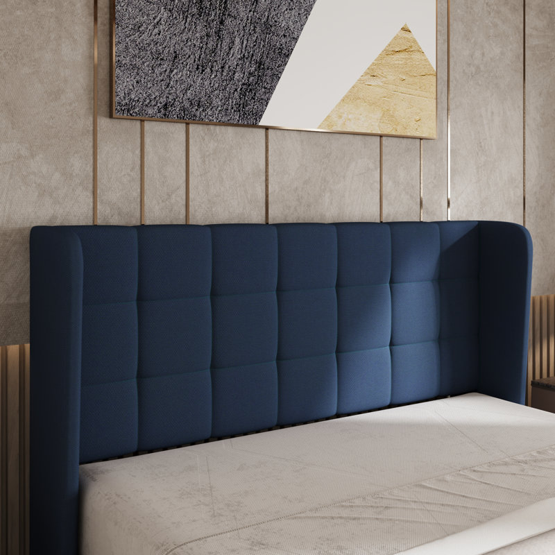 Upholstered Bed with Square Tufting and Wingback, Full , Blue