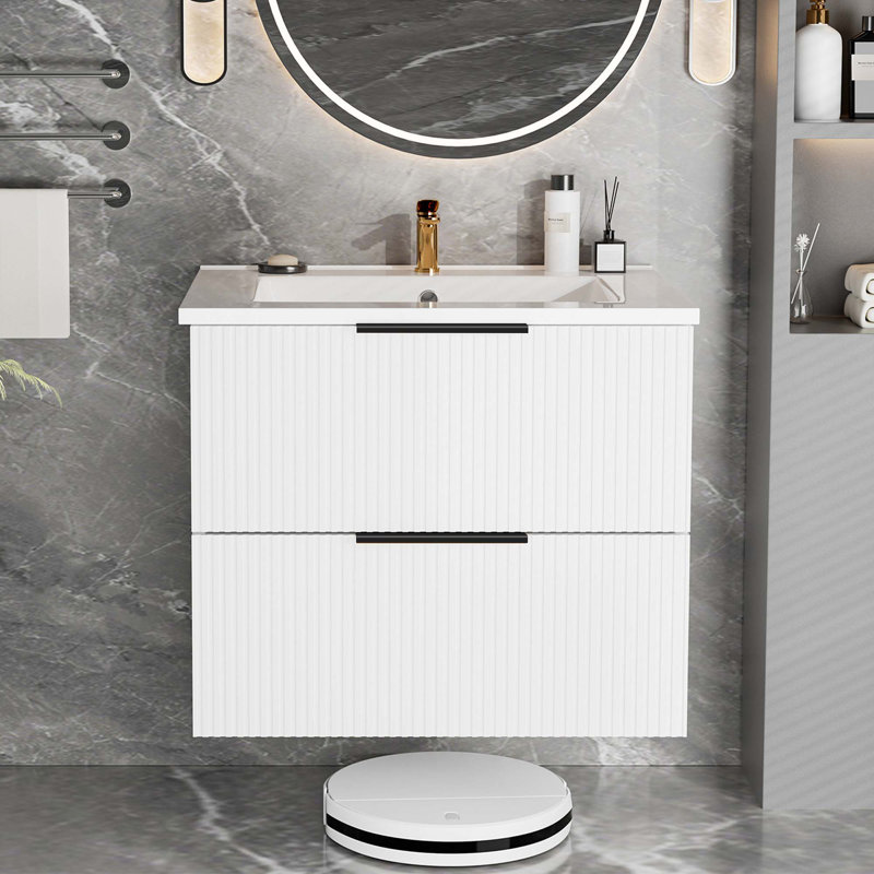 Meuble-lavabo de salle de bain avec lavabo en céramique, 24", Blanc mat