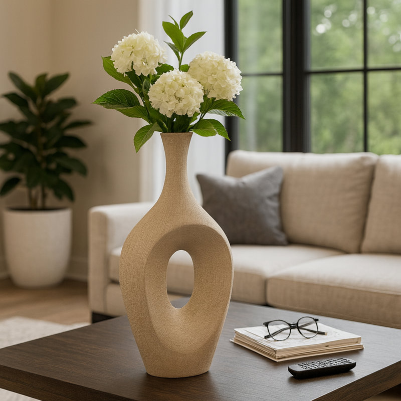 Vase de table en céramique Vannorman , Champagne perlé, H 19 po x l 9 po x P 4 po