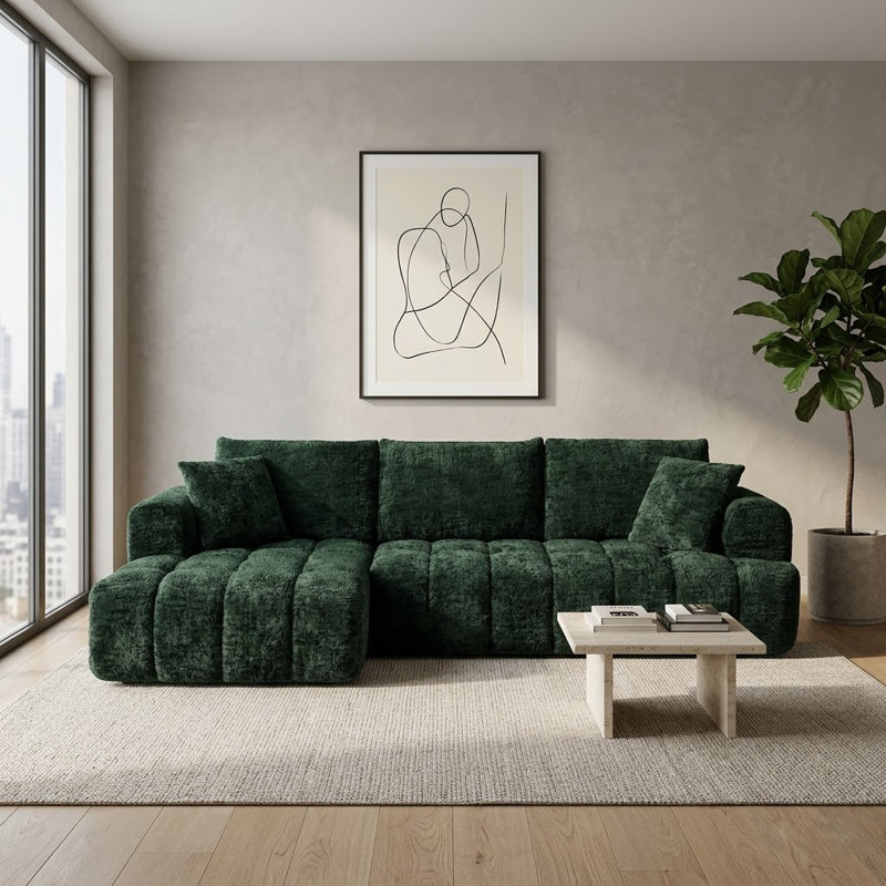 Canapé Boneless, canapé modulaire en L Chenille, Left Hand Facing, Dark Green