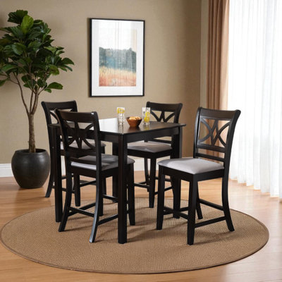 Pitch 5-Piece Gray Fabric Upholstered & Brown Finish Pub Dining Set, 35.82" H X 35.2" W X 35.15" D