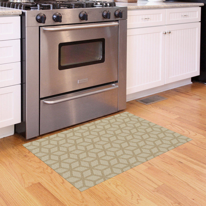 Tapis de cuisine à profil bas Un-Rug Cubics Rube par Matterly, Rectangle 2 pi x 3 pi, Beige
