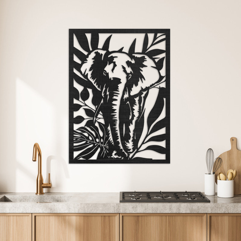 Art mural détaillé détaillé avec éléphant et feuilles d'arbre - ACM blanc (32 po x 24 po), H 32 po x l 24 po x P 0,25 po