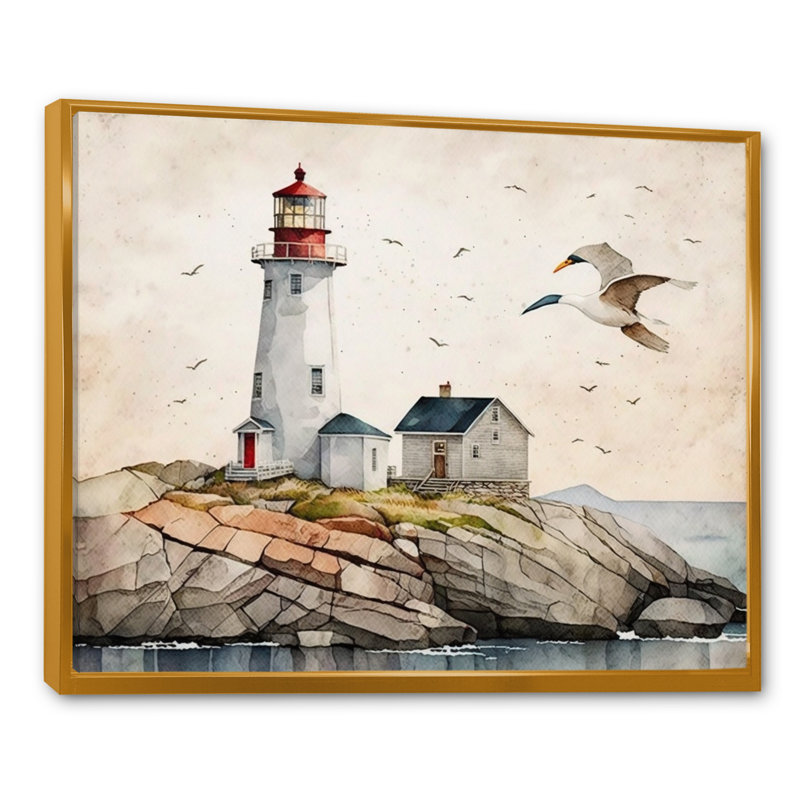 Phare près de l'océan II - phare côtier, art mural large, H 16 po x l 32 po x P 1 po, Cadre flottant doré