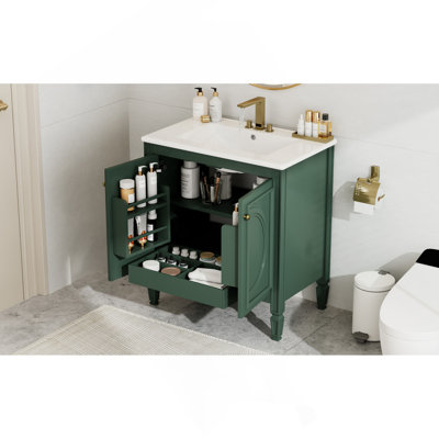 Meuble-lavabo 30 po avec lavabo, deux portes avec tablette, charnières de porte à fermeture en douceur, style rétro, vert
