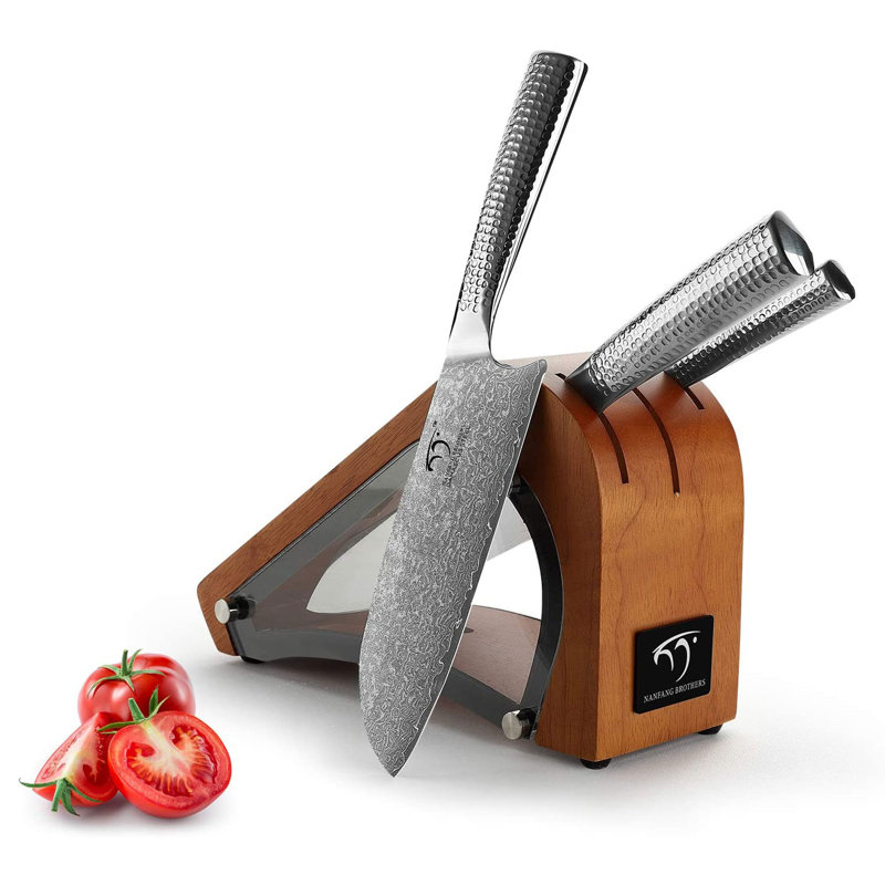 Ensemble de couteaux de cuisine Nanfang Brothers Damascus avec bloc de frêne de Mandchourie, 4 pièces