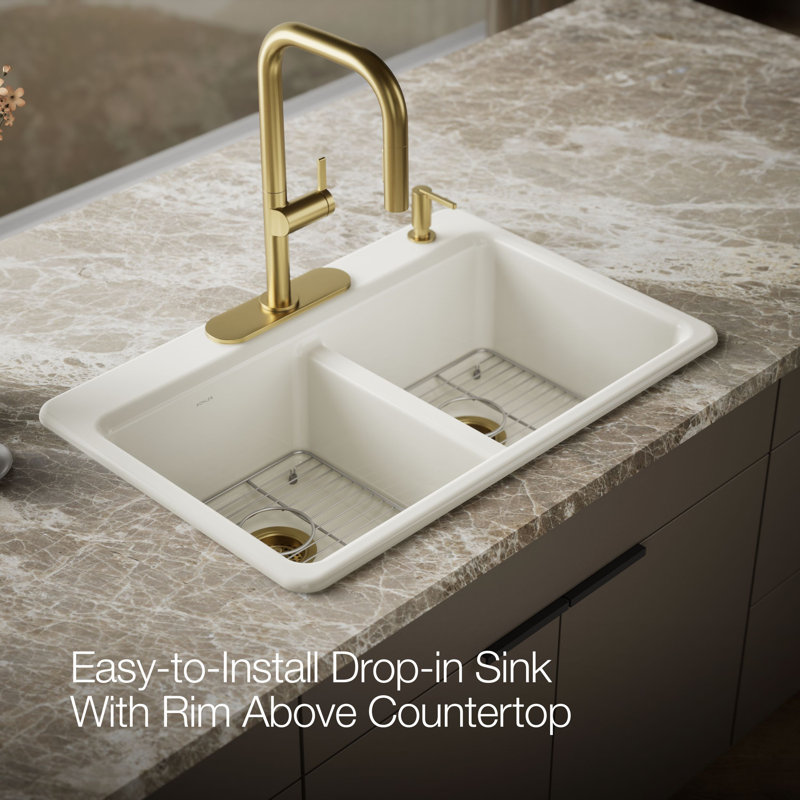 Riverby 33 In. Top-Mount Double-Bowl Kitchen Sink, Biscuit, 1 hole, Double-equal bowls