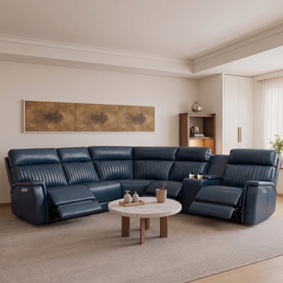 Liudgardas 6-Piece, 3 Power Recliners Leather Reclining Sectional, Power Headrest & Lumbar