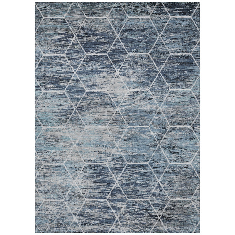 Machine Washable Indoor/Outdoor Xhevrie Blue Rug, Rectangle 9' x 12'