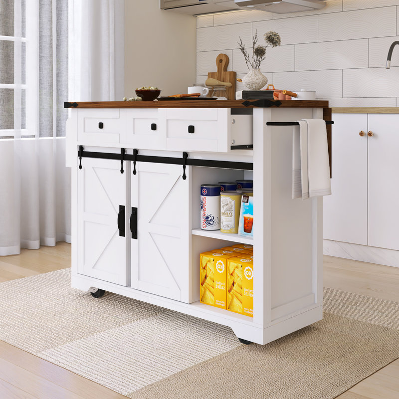 Chariot de cuisine à comptoir rabattable de 53,7 po avec porte-serviettes, support à épices et prise de courant, Blanc