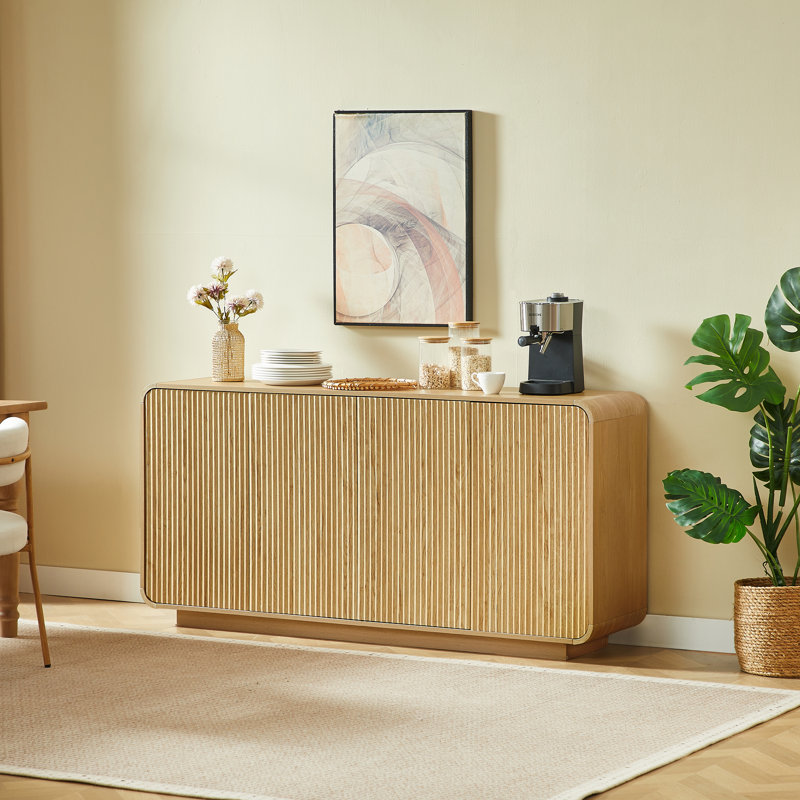 Buffet cannelé de 64,6 pouces avec 4 portes, Bois naturel