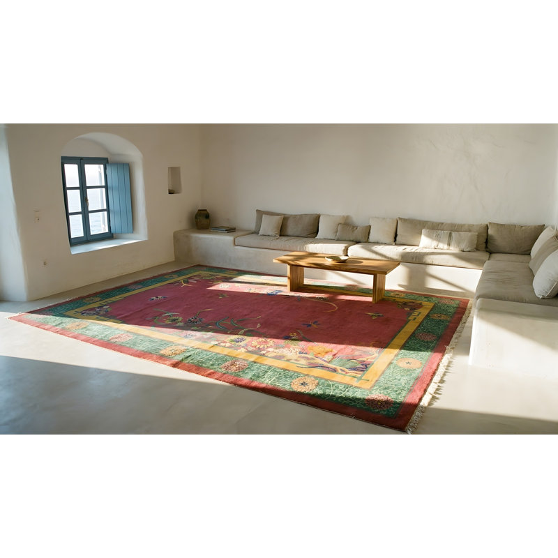 1920s Knotted Rectangle Antique Room Size Chinese Wool Purple - Art Deco Rug
