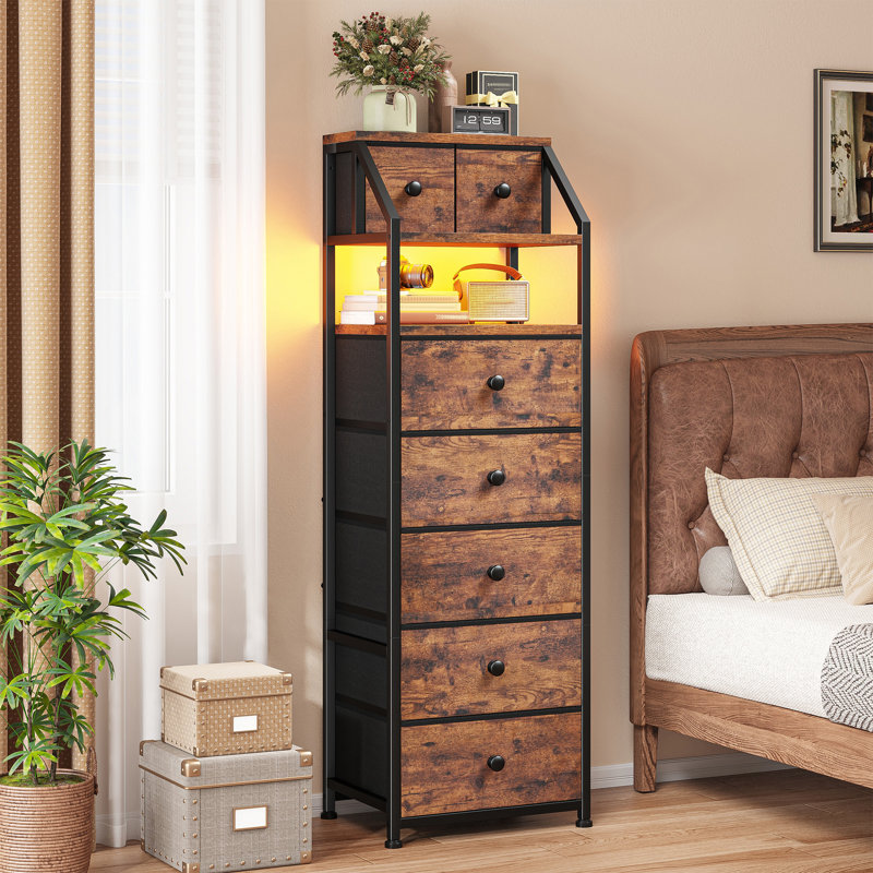 Grande armoire de rangement à 7 tiroirs avec éclairage à DEL, organisateur moderne avec tablette ouverte pour le salon de la chambre à coucher, brun