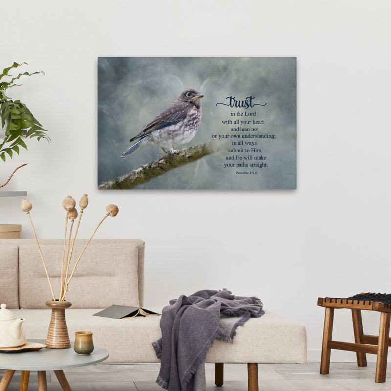 «Trust In The Lord» - Bluebird contemporain perché sur une branche - Écriture spirituelle - Proverbes 356, H 24 po x l 36 po