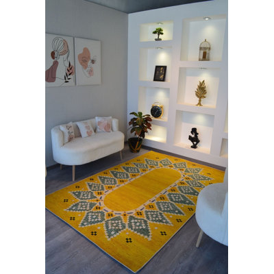 Tapis décoratif jaune de style bohème moderne à motif géométrique