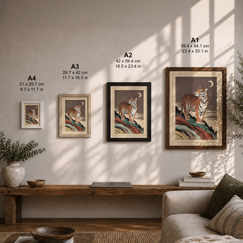 Tiger at Moonrise Japandi - Framed Print, A4 - 29.7 x 21.0 cm, Black