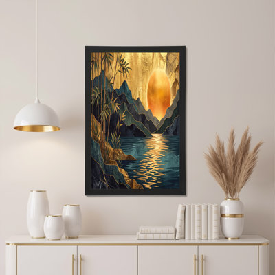 Art mural sur toile bleu sarcelle et bambou avec feuille d'or et soleil orange