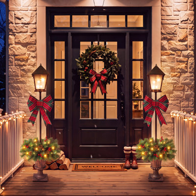2 Pack Pre-Lit Christmas Lamp Post Decor, Lighted Artificial Christmas Urn with Plaid Bow, Pine Cones & Red Berries, Battery Operated Holiday Entryway Decor for Front Porch
