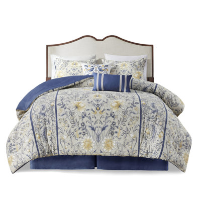 Édredon en coton double - matériel d'impression botanique jaune et bleu de qualité supérieure, 6 pièces