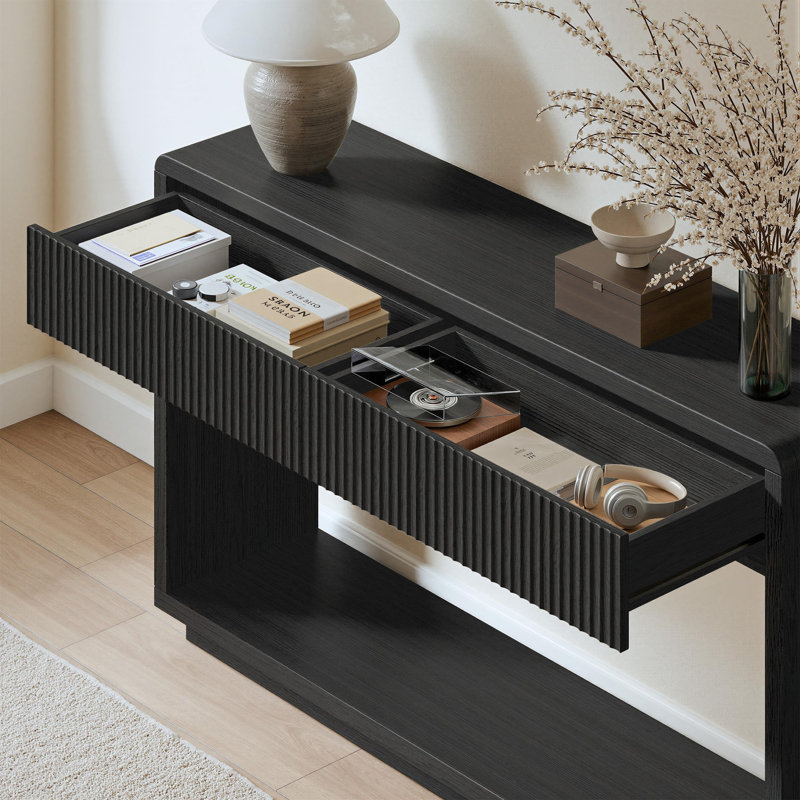 Table d'entrée 59 "avec tiroirs, console cannelée Boho, table de canapé avec rangement, Black
