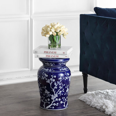 Cherry Blossom Classic 17.75" Blue and White Ceramic Garden Stool, Indoor Outdoor Chinoiserie Patio Side Table and Plant Stand