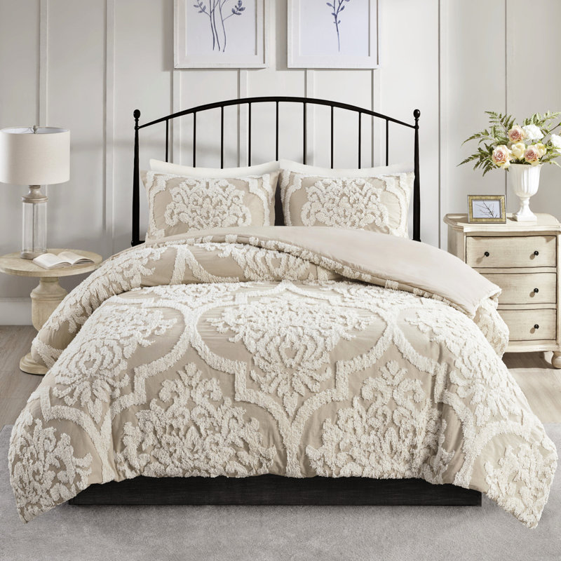 Ensemble 3 pièces d'édredon en chenille de coton double / grand en teinte taupe, Taupe, Édredon grand et 2 taies décoratives