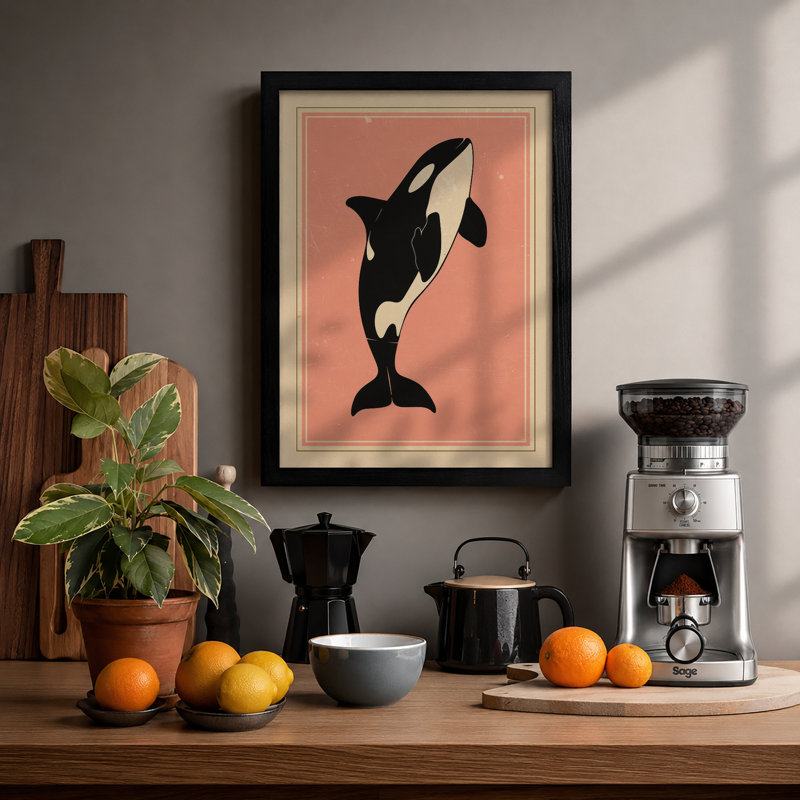 Leaping Orca Mid-Century - Framed Print, Black, A4 - 29.7 x 21.0 cm