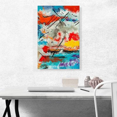 Abstrait bleu sarcelle orange jaune - reproduction d'art sur toile tendue