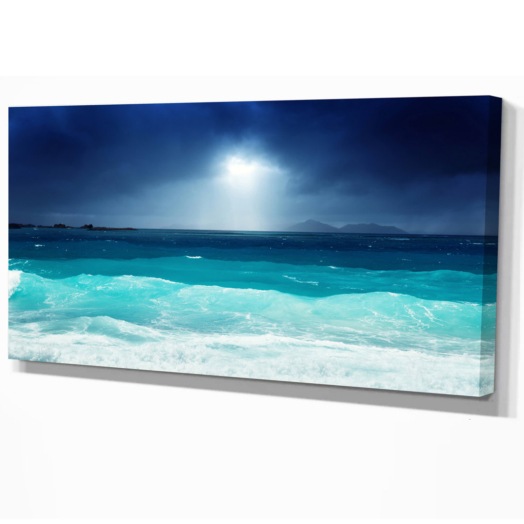 Neon Sea Waves Under Dark Sky - Wrapped Canvas Graphic Art Print East Urban Home 