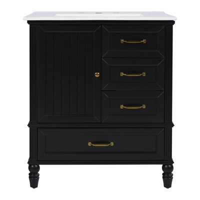30" Bathroom Vanity With Ceramic Sink,Bathroom Cabinet with 3 Drawers,Solid Wood Legs