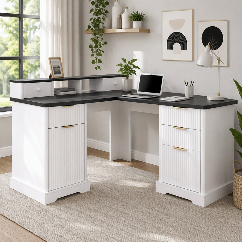 Bureau en L 59 po cannelé avec station de charge et armoire de rangement 59 po Modern, Blanc