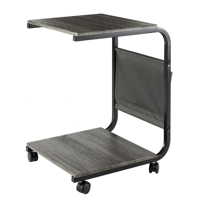 Rustic Ashwood and Black Metal Rolling C-Shaped End Table