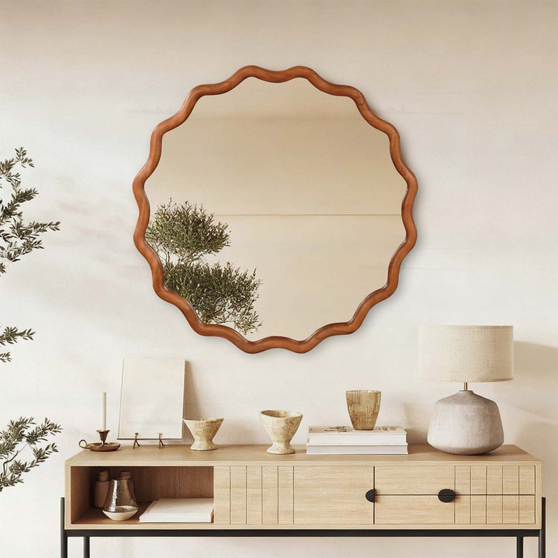 Élégant miroir ondulé pour divers espaces domestiques, 36 po x 36 po, Brun jaune