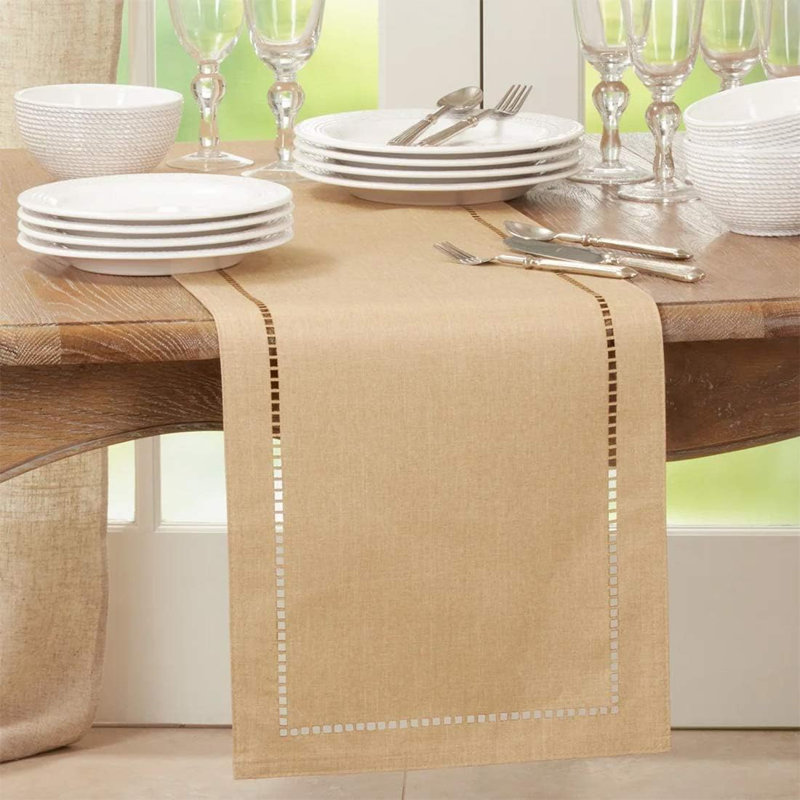 Laser-Cut Hemstitch Design Solid Color Table Runner 14" W, 90" L x 14" W, Natural