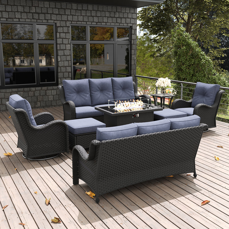  8 Pieces Outdoor Patio Furniture Set With Fire Pit Table, Rattan Wicker Sectional Swivel Rocker Chairs Sets With Ottomans, Swivel Glider Chair And Coffee Table