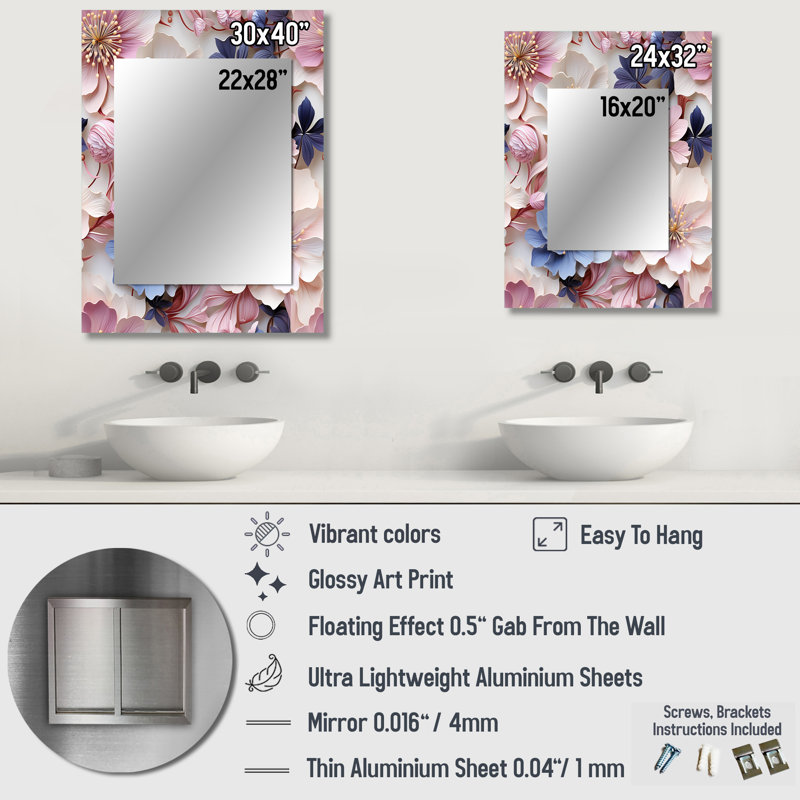 Langelier Romantic Blossoms Floral Pattern - Floral Decorative Wall Mirror, Floral Mirror, Printed Metal Art, 40" x 30"