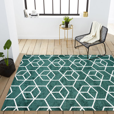 Mashawna Blocks Modern Geometric Green/White Rug