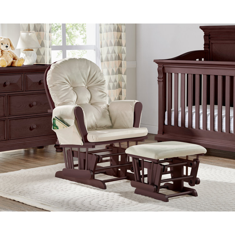 Cleo Wooden Glider and Ottoman, Gray Wood, Beige Polyester