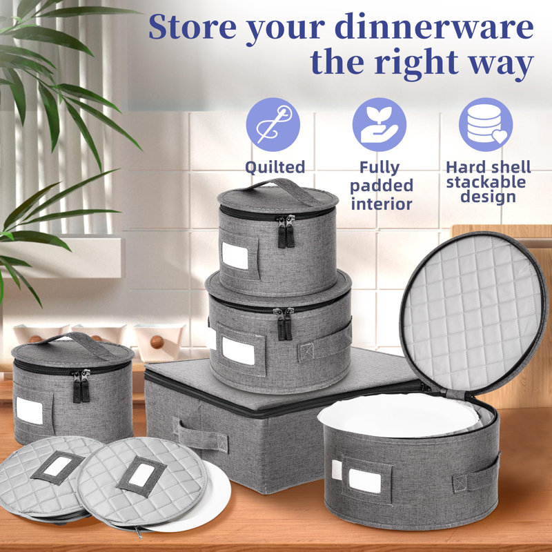 China Storage Containers For 12 Place Setting With Two Plate Bags, 5 Pcs Hard Shell Quilted China Storage Cases,Grey