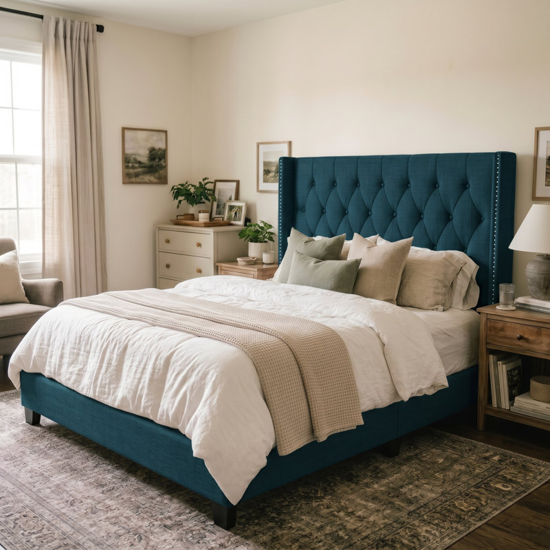 Amberlee Upholstered Linen Wingback Bed, Queen, Blue