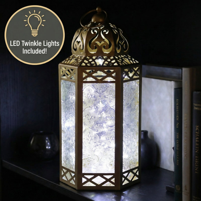 Decorative Moroccan Candle Lantern with LED Fairy Lights, Gold/Clear, 12" H x 5.75" W x 4.4" D