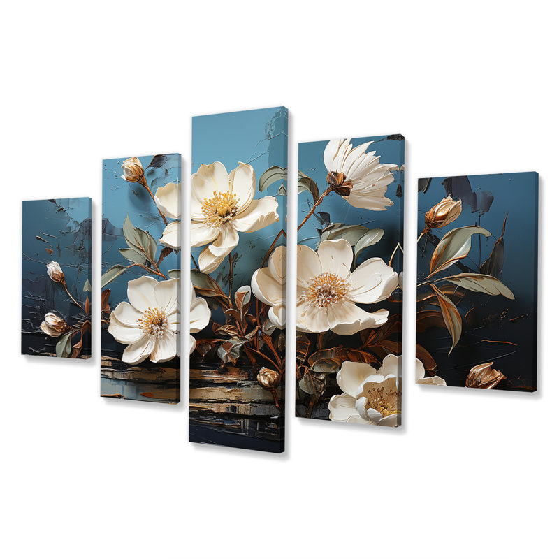 Orchidée blanche et bleue, arbre I - art mural floral abstrait à multiples panneaux pour le salon