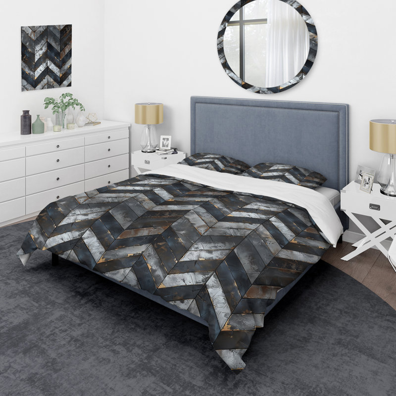 Ensemble de housse de couette à chevrons gris et argenté Rhythm I - Glam, Housse de couette très grand + 2 taies décorativ