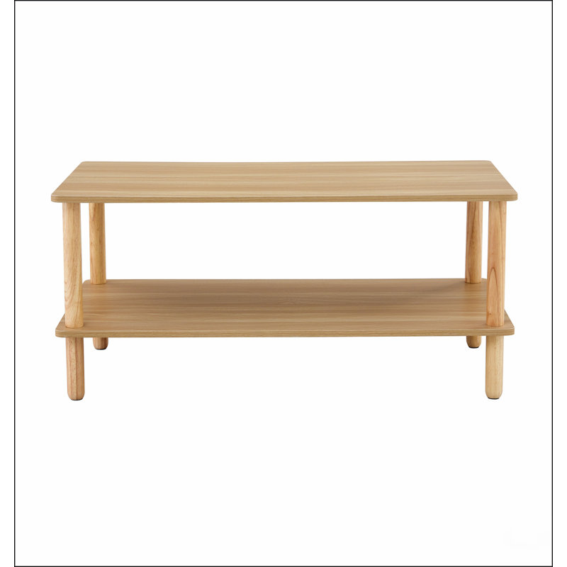 Table basse moderne à 2 niveaux pour meubles de salon, table centrale rectangulaire avec tablette de rangement ouverte, pieds arrondis en bois d'hévéa, stable et durable, assemblage facile