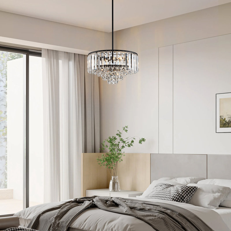 Lustre moderne en cristal à 4 niveaux, Noir mat, 3 lumières