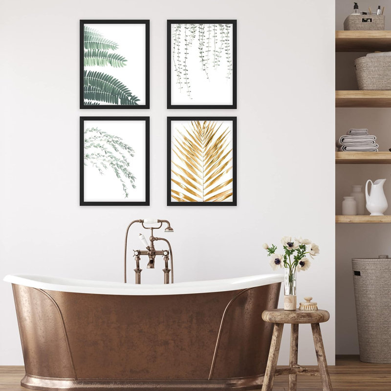 «Green Gold Forest», ensemble de 4 impressions murales collage sur feuilles, impression encadrée sur papier, 4 pièces, Blanc