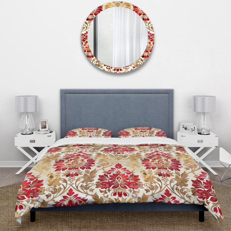 Red Gold Damask I - Ensemble de housse de couette damassé, Housse de couette simple + 2 taies décoratives st