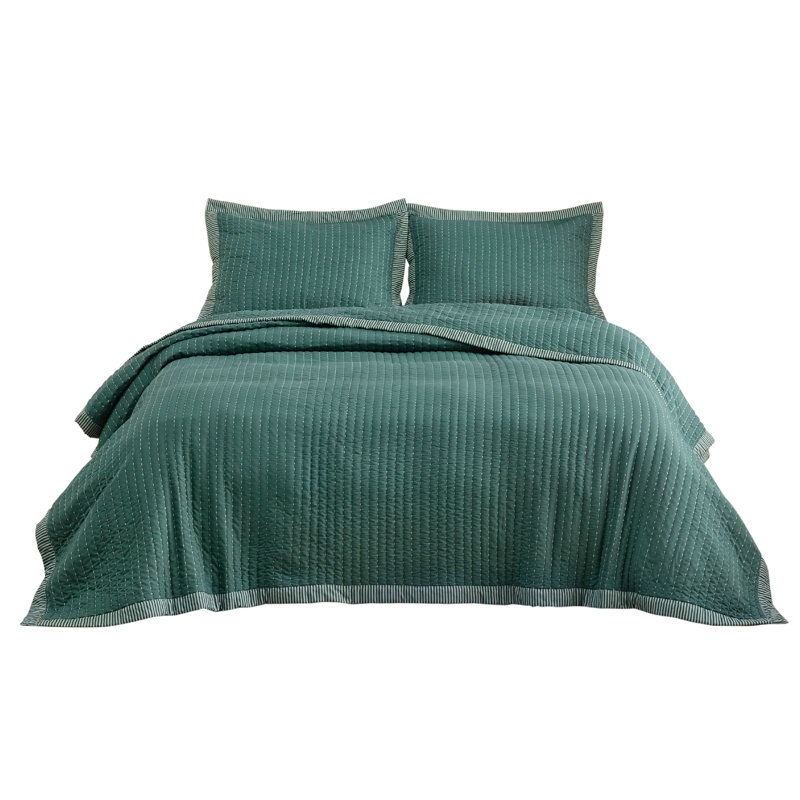 Bedspread Coverlet Lightweight Soft Quilt Bedding Set, King Quilt + 2 King Pillow Sham, Dark Green Corduroy