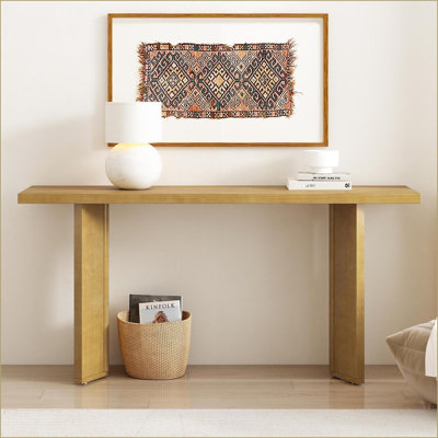 Table basse minimaliste en placage de pin avec pieds géométriques, facile à assembler pour le salon Couloir
